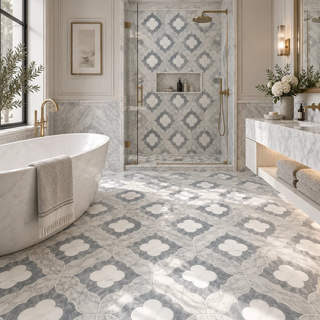 Large Daisy Waterjet Afyon Grey, Avenza Light & Dolomite Honed Marble Mosaic Tile 305 × 305 × 10 mm
