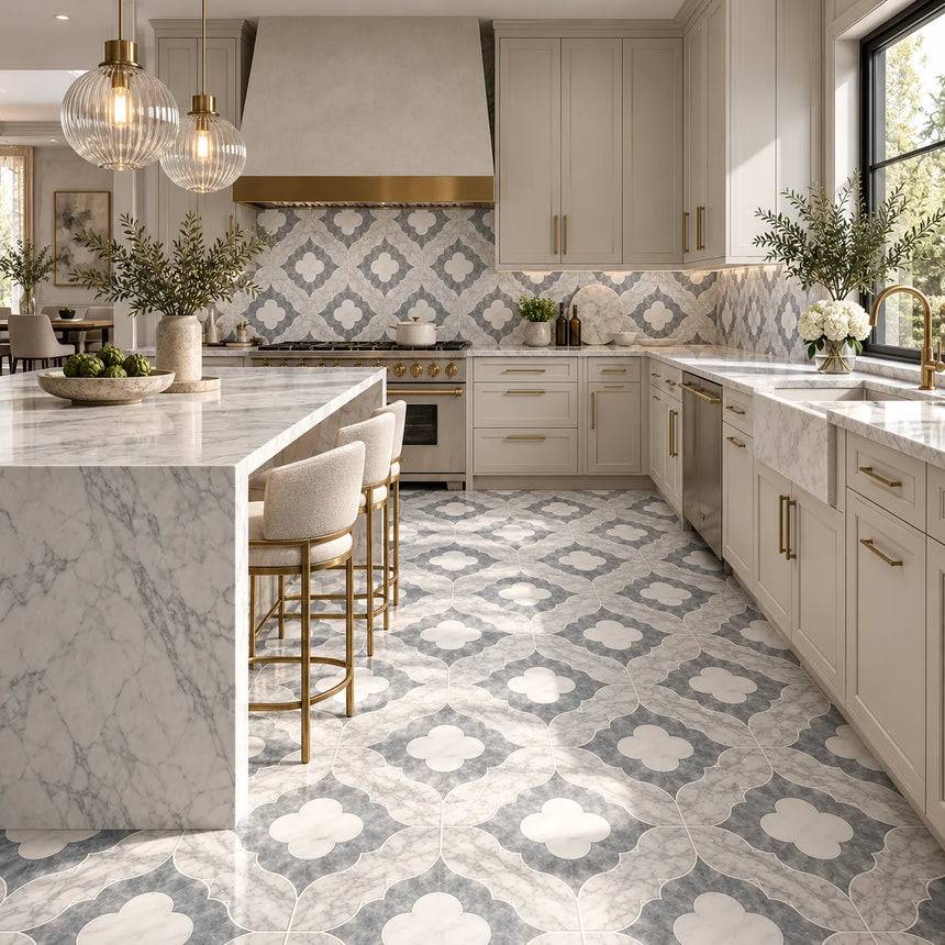 Large Daisy Waterjet Afyon Grey, Avenza Light & Dolomite Honed Marble Mosaic Tile 305 × 305 × 10 mm