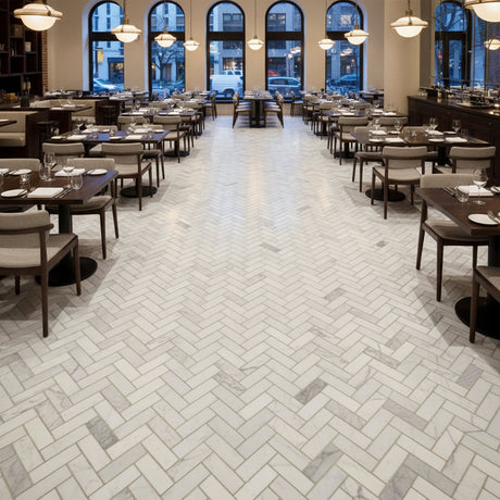 Carrara Neptune Honed Herringbone Marble Mosaic backsplash modern kitchen elegant marble décor.
