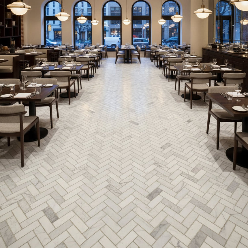 Carrara Neptune Honed Herringbone Marble Mosaic backsplash modern kitchen elegant marble décor.
