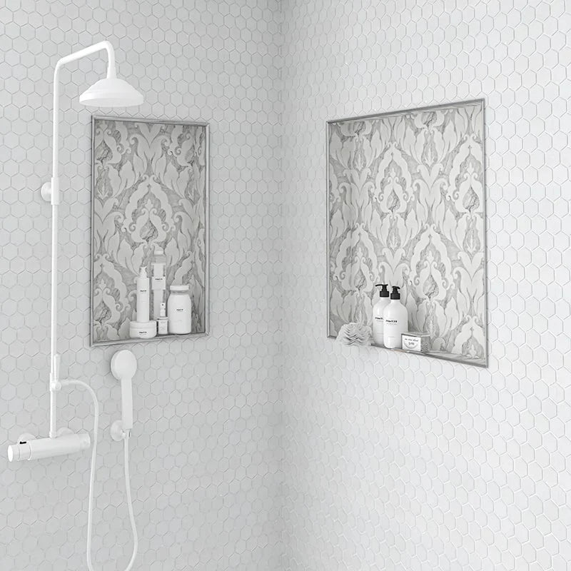 Rumi Avenza Dark Carrara & Snow White Marble Waterjet Tile 345 x 457 mm