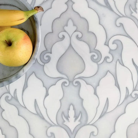Rumi Avenza Dark Carrara & Snow White Marble Waterjet Tile 345 x 457 mm