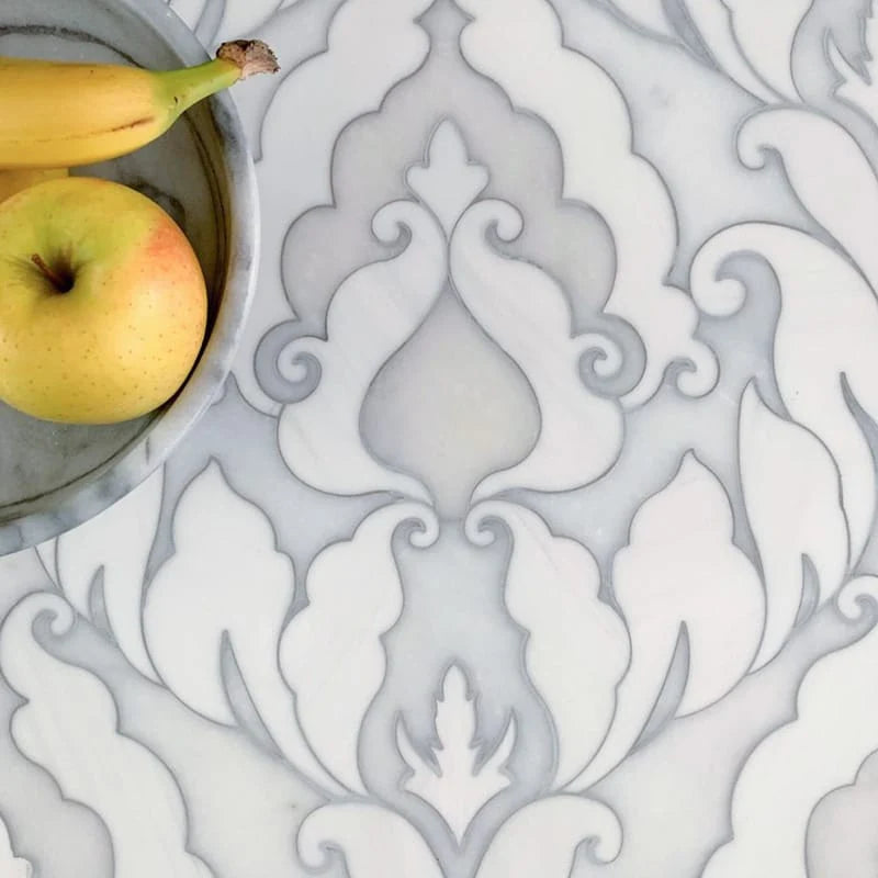 Rumi Avenza Dark Carrara & Snow White Marble Waterjet Tile 345 x 457 mm
