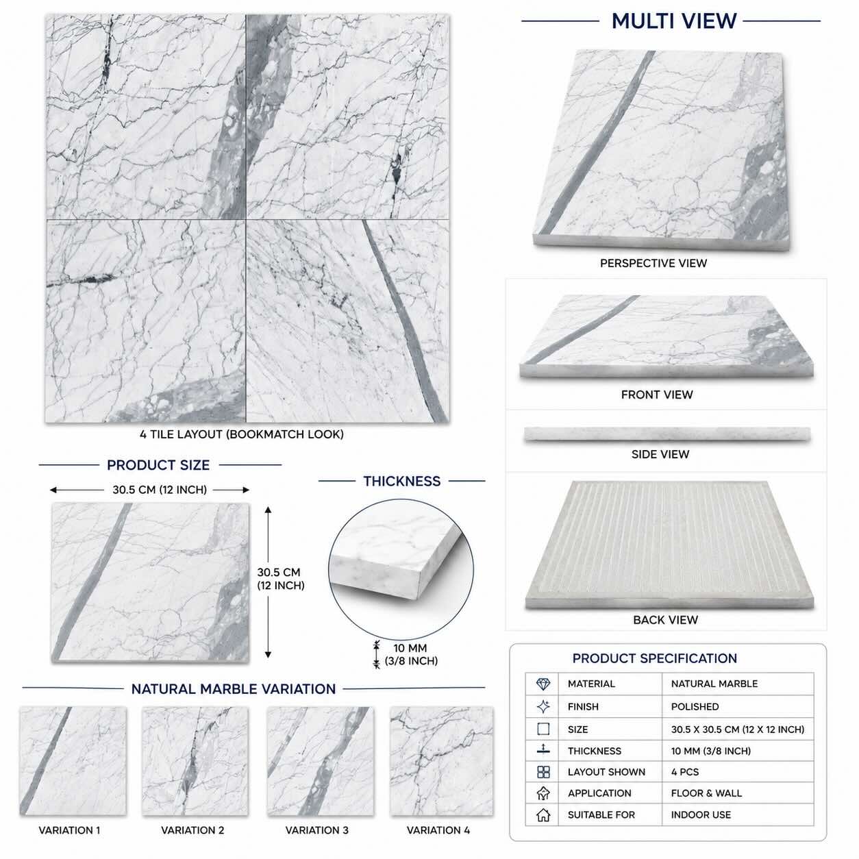 Statuario Italian Marble Tiles 305x305x10mm