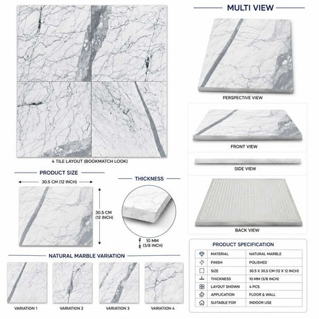 Statuario Italian Marble Tiles 305x305x10mm
