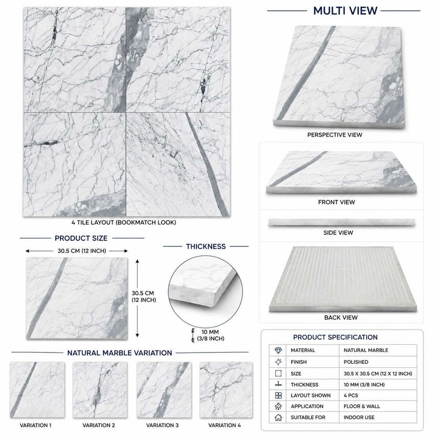 Statuario Italian Marble Tiles 305x305x10mm