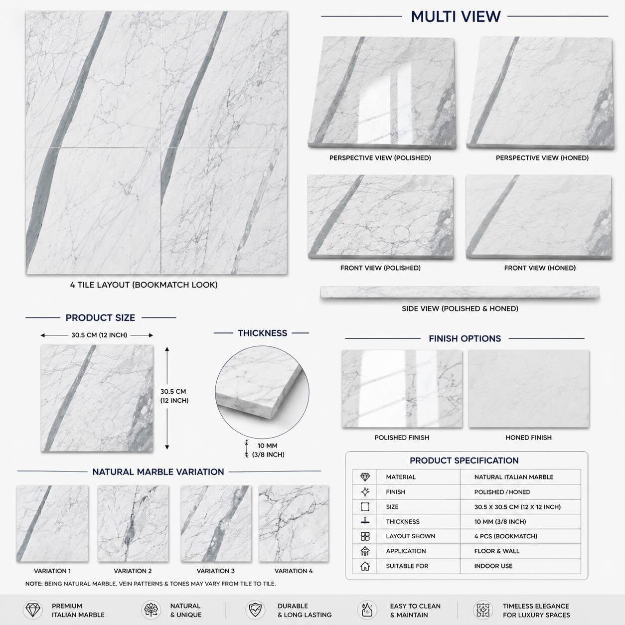 Statuario Italian Marble Tiles 305x305x10mm