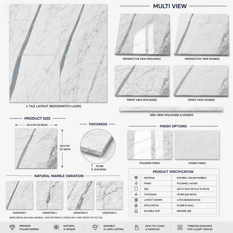 Statuario Italian Marble Tiles 305x305x10mm