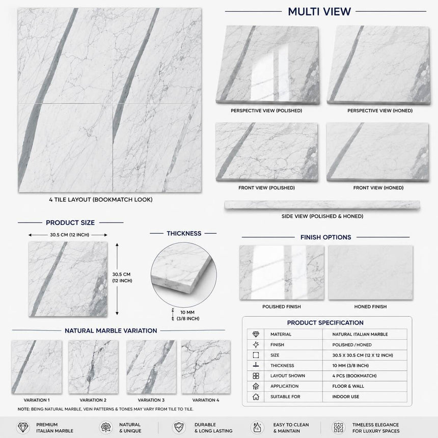 Statuario Italian Marble Tiles 305x305x10mm