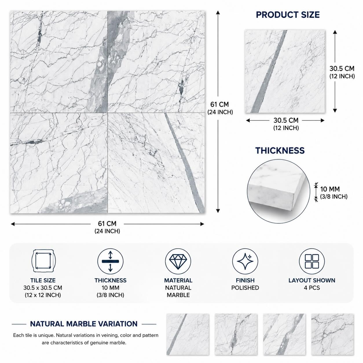 Statuario Italian Marble Tiles 305x305x10mm