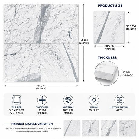 Statuario Italian Marble Tiles 305x305x10mm