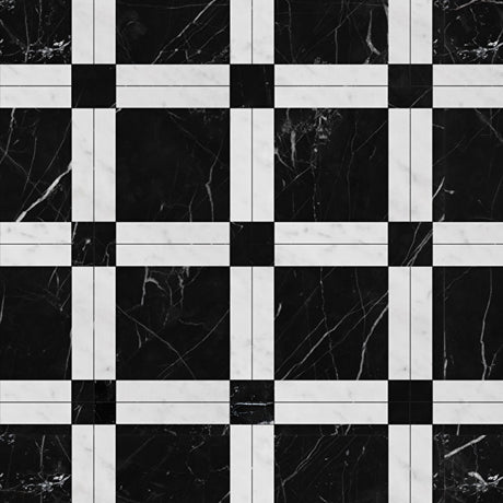 Nero Marquina Carrara White Strip Fitz Marble Tile 650x650x12mm Pattern