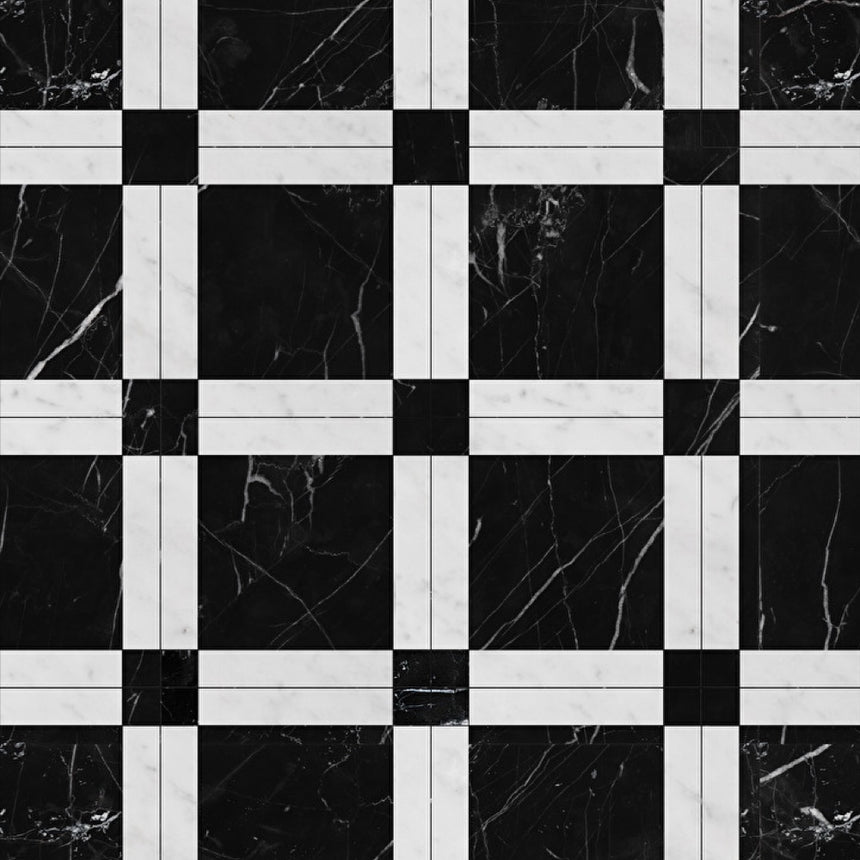 Nero Marquina Carrara White Strip Fitz Marble Tile 650x650x12mm Pattern