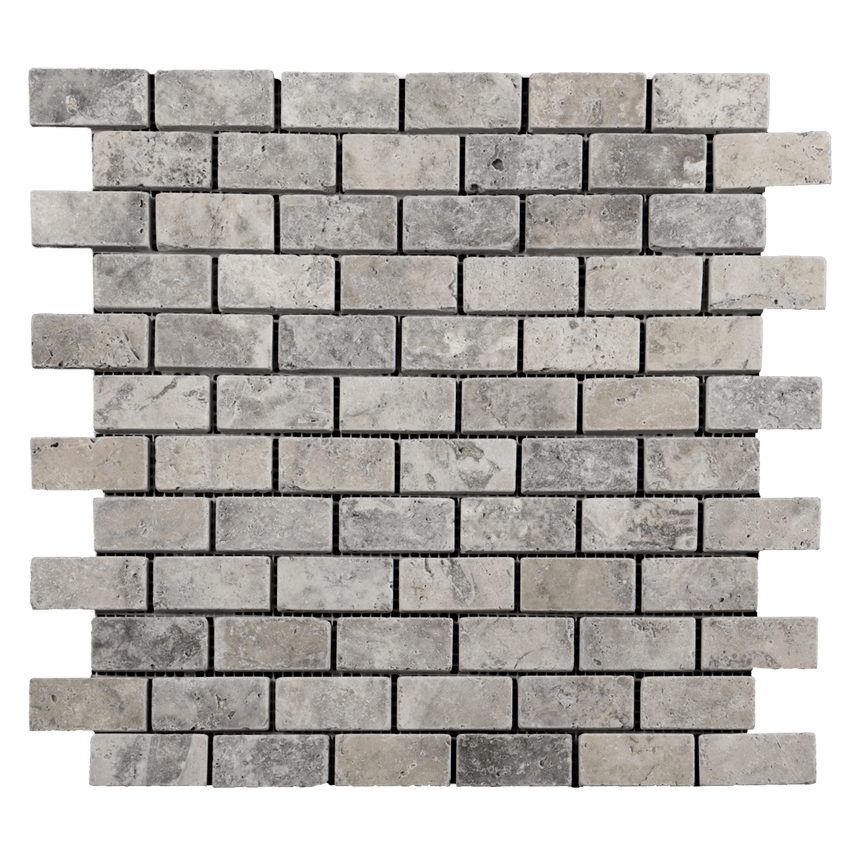 Marble Tiles - Silver Travertine Mini Subways Tumbled Mosaic Tiles - intmarble