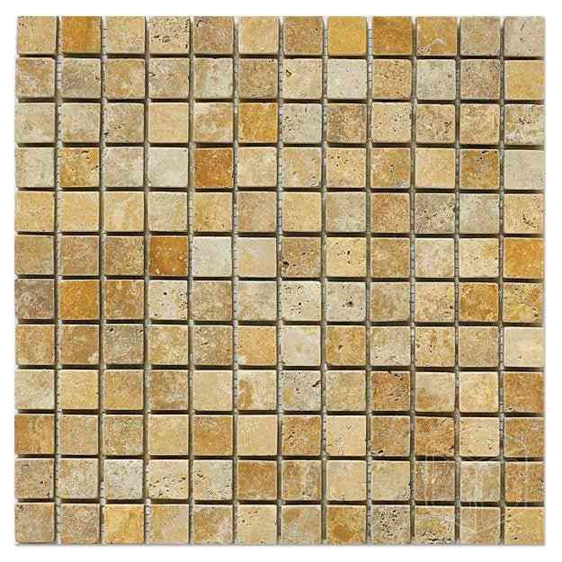 Marble Tiles - Gold Travertine Mosaic Tiles Tumbled Finish 23x23x10mm - intmarble
