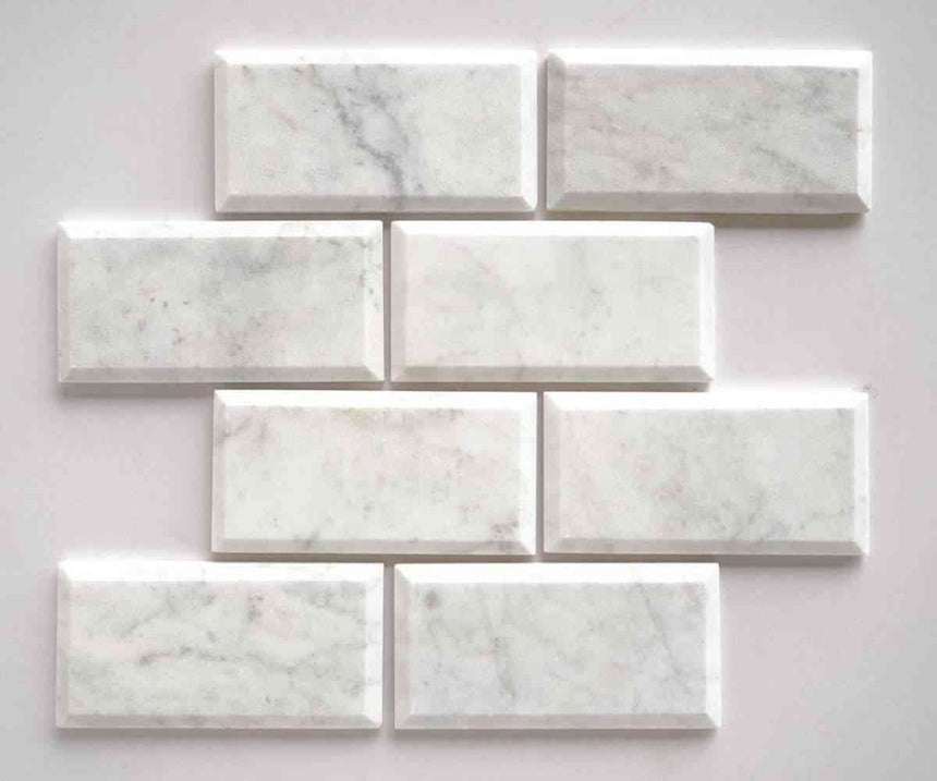 Marble Tiles - Carrara Polished Beveled Subway Marble Tiles, 70x140x10mm - intmarble
