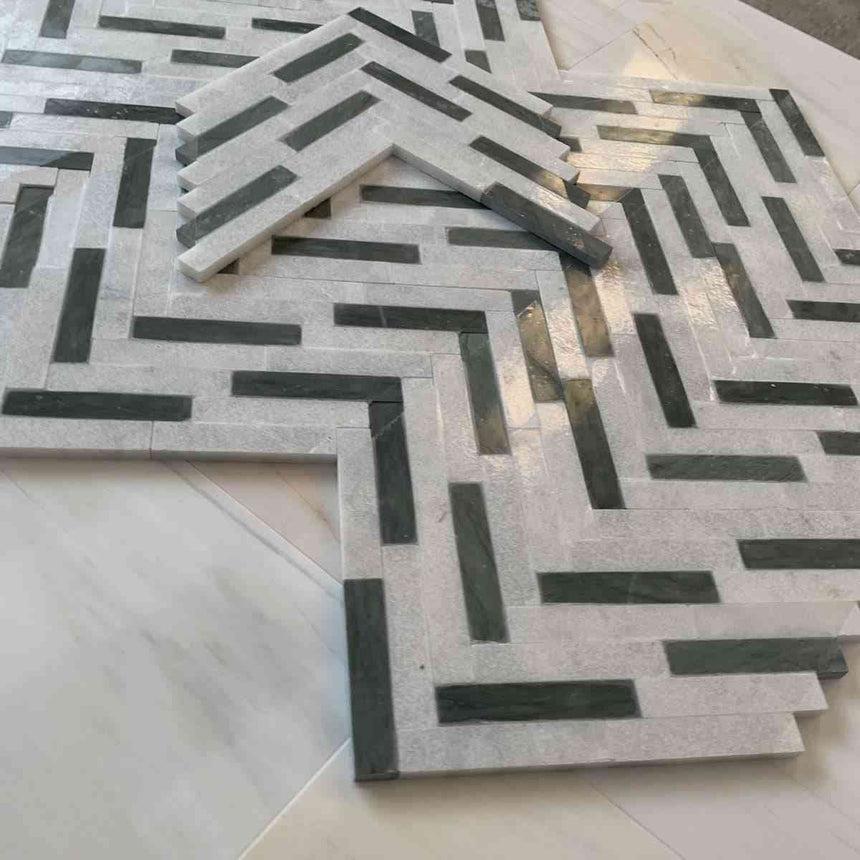 Marble Tiles - Bianco Sivec Verde Green Marble Herringbone Marble Mosaic Tiles - intmarble