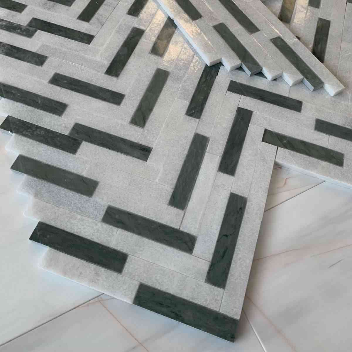 Marble Tiles - Bianco Sivec Verde Green Marble Herringbone Marble Mosaic Tiles - intmarble