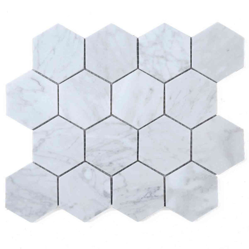 Marble Tiles - White Carrara Hexagon Marble Mosaic Tiles 76x76mm - intmarble