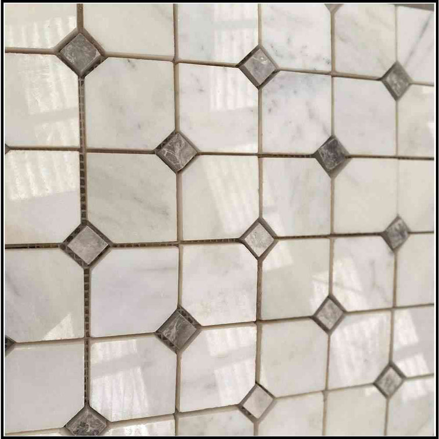 Marble Tiles - Octagon White Carrara Marble Mosaic Tile Grey Dots 50x50x10mm - intmarble