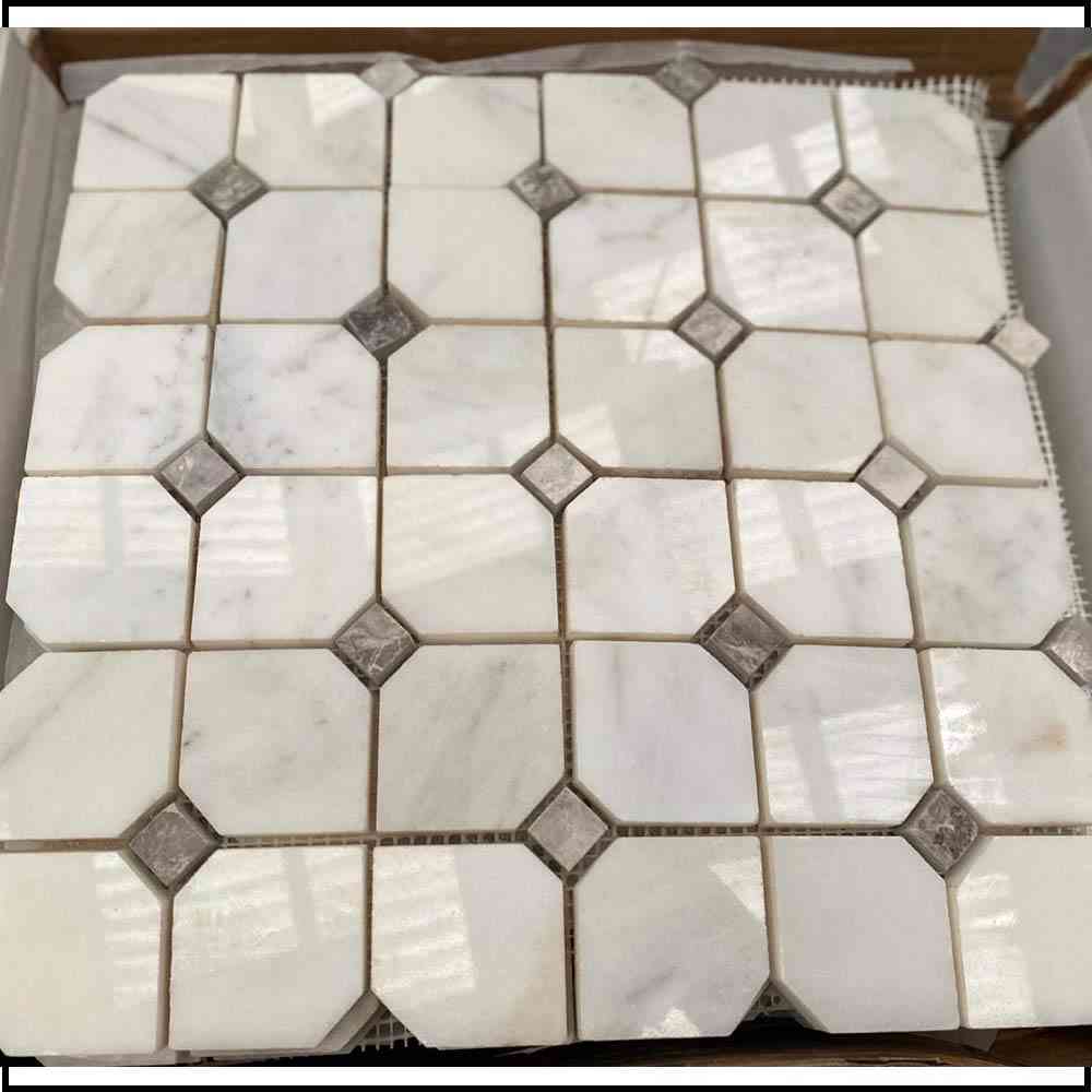 Marble Tiles - Octagon White Carrara Marble Mosaic Tile Grey Dots 50x50x10mm - intmarble