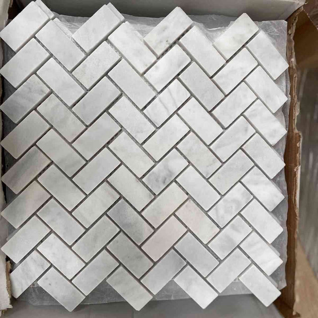 Marble Tiles - White Carrara Polished Marble Herringbone Mosaic Tiles - intmarble