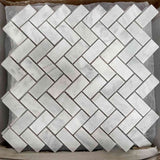 Marble Tiles - White Carrara Polished Marble Herringbone Mosaic Tiles - intmarble