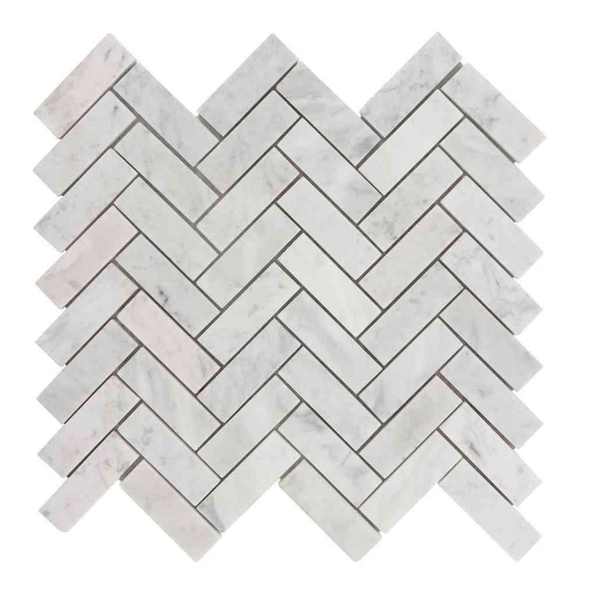 Marble Tiles - Carrara Marble Polished Herringbone Mosaic Tiles 25x75mm - intmarble