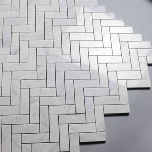 Marble Tiles - Carrara Marble Polished Herringbone Mosaic Tiles 25x75mm - intmarble