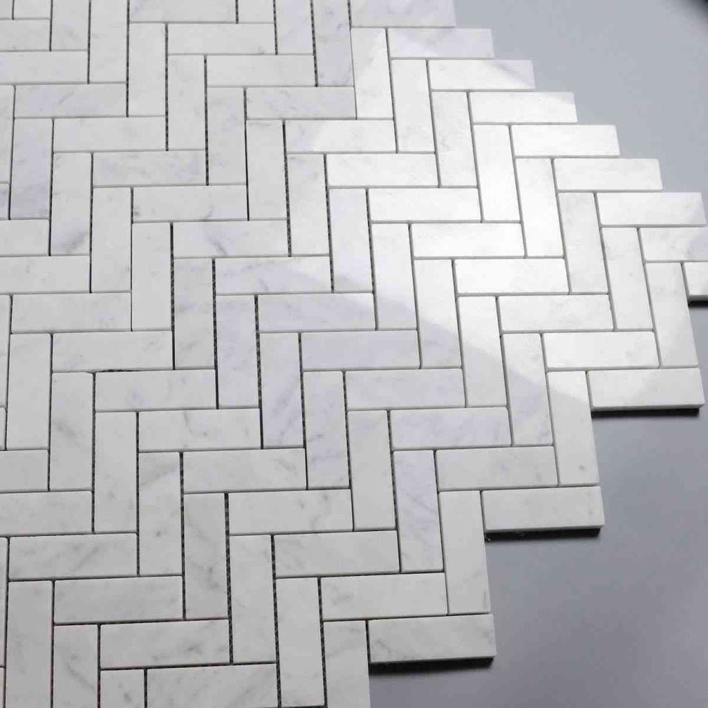 Marble Tiles - Carrara Marble Polished Herringbone Mosaic Tiles 25x75mm - intmarble