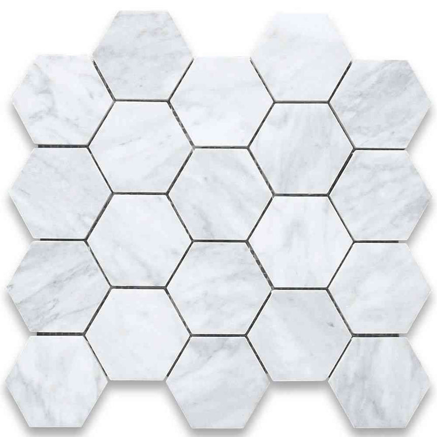 Marble Tiles - White Carrara Polished Hexagon Marble Mosaic Tiles 75x75x10mm - intmarble