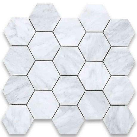 Marble Tiles - White Carrara Polished Hexagon Marble Mosaic Tiles 75x75x10mm - intmarble