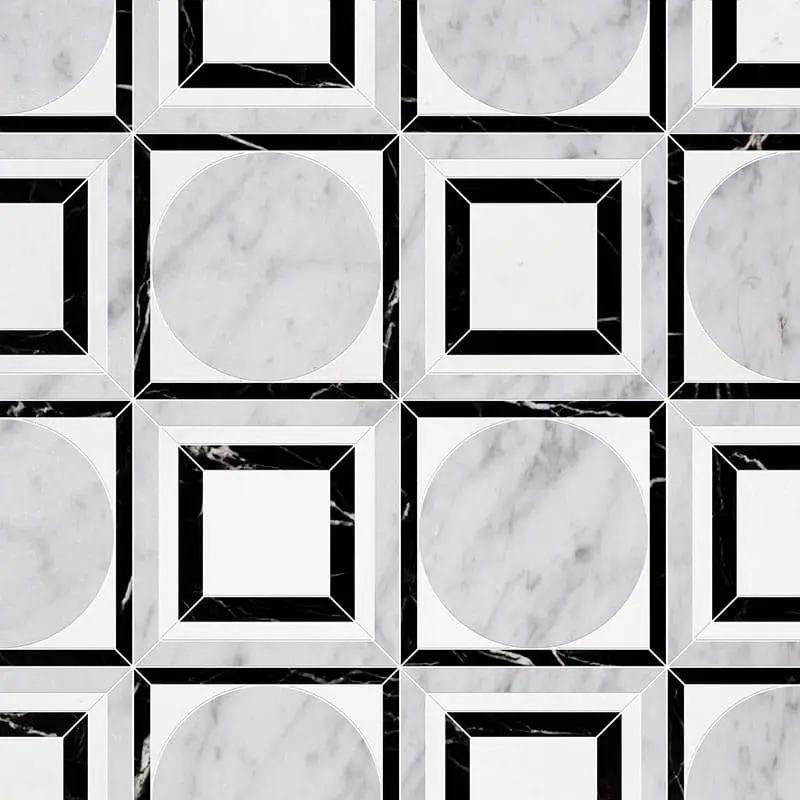 Marble Tiles - Rounded Square Waterjet  Black Carrara Thassos Marble Decor - intmarble