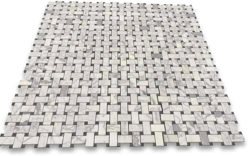 Marble Tiles - Calacatta Polished Basketweave Marble Mosaic Tile - intmarble