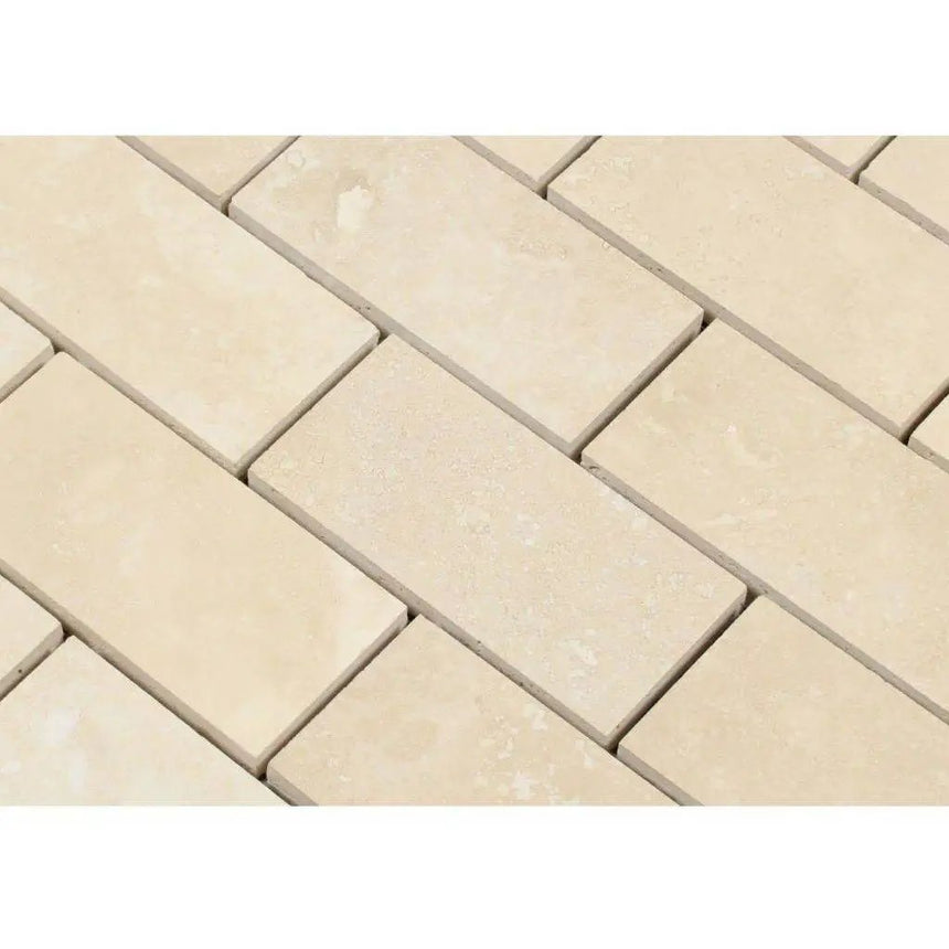 Marble Tiles - Ivory Honed Filled Travertine Mosaic Tiles 50x100x10mm - intmarble