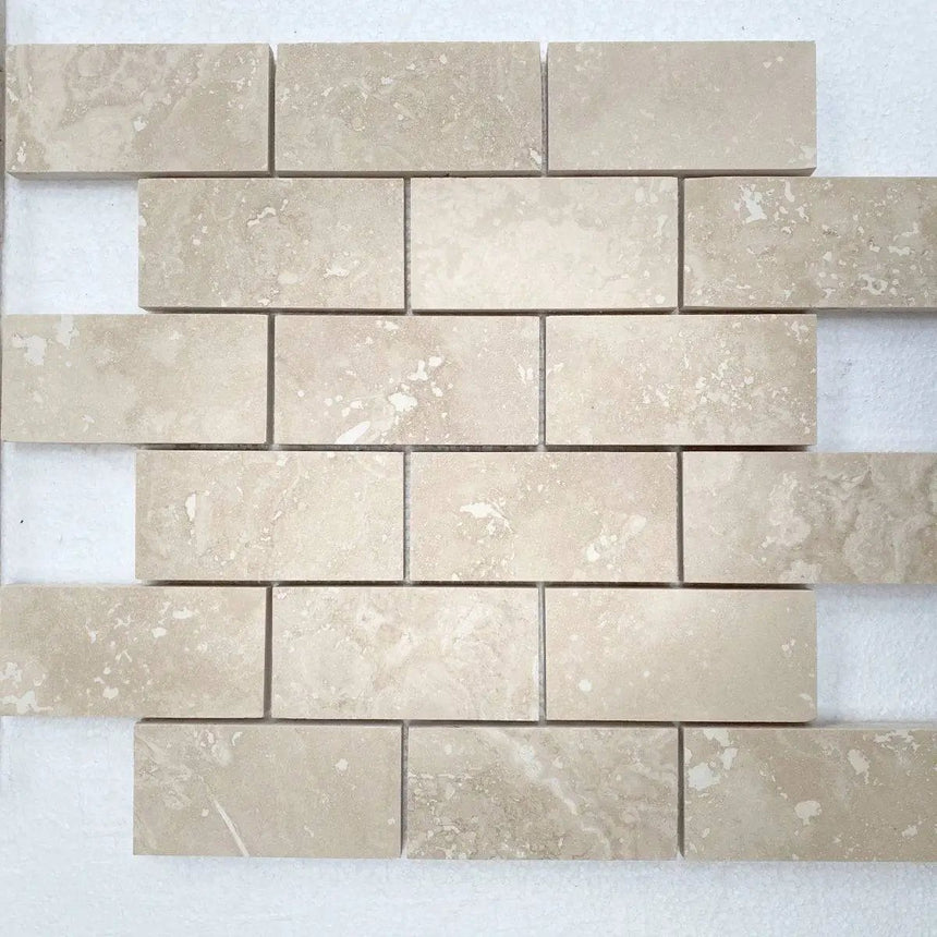 Marble Tiles - Ivory Honed Filled Travertine Mosaic Tiles 50x100x10mm - intmarble
