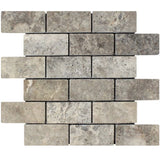 Marble Tiles - Tumbled Silver Romano Travertine Mosaic Tiles 50x100x10mm - intmarble