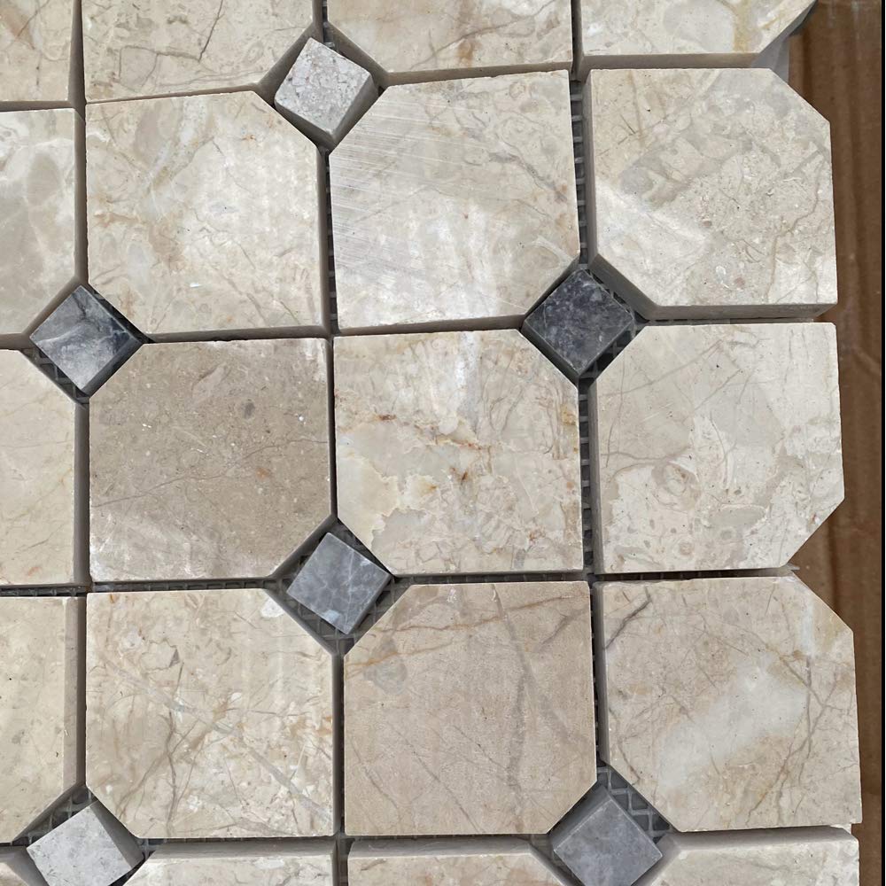 Marble Tiles - Octagon Crema Marfil Mosaic Tile Grey Dots 50x50x10mm - intmarble