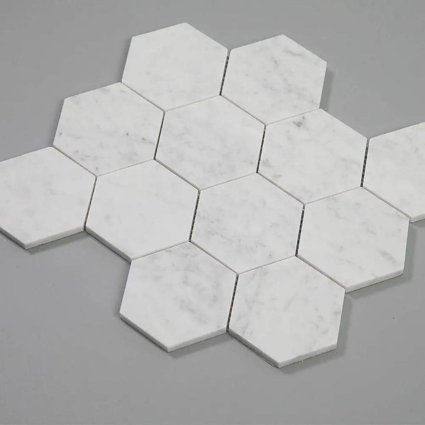 Marble Tiles - Carrara Hexagon Marble Mosaic Tiles 100x100x10mm - intmarble