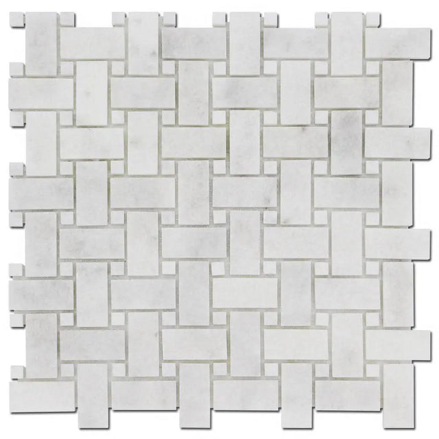 Marble Tiles - Basket Weave Marble Mosaic Tile With Thassos Dot 25x50x10mm - intmarble