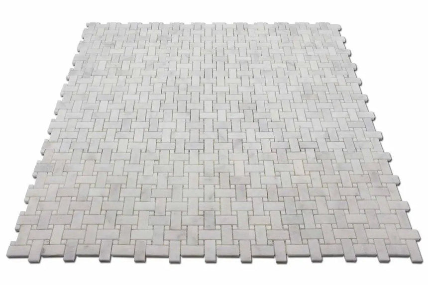 Marble Tiles - Basket Weave Marble Mosaic Tile With Thassos Dot 25x50x10mm - intmarble
