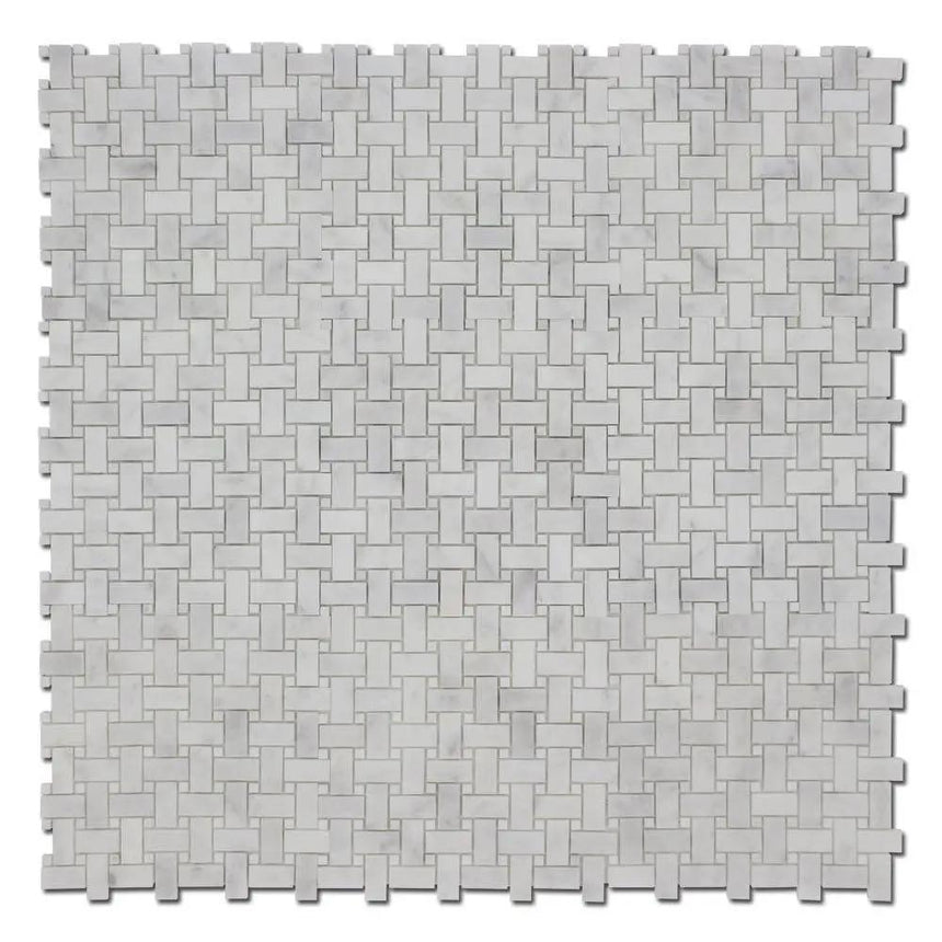 Marble Tiles - Basket Weave Marble Mosaic Tile With Thassos Dot 25x50x10mm - intmarble