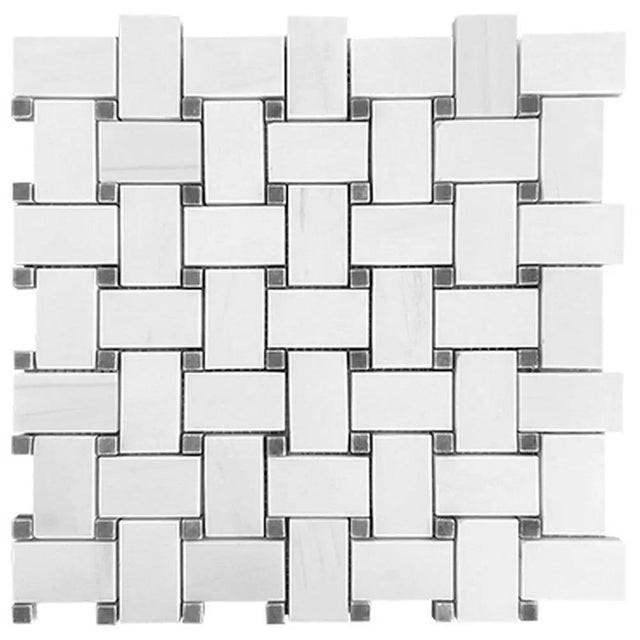 Marble Tiles - Basket Weave Polished Marble Mosaic Thassos Marble With Gray Dots - intmarble