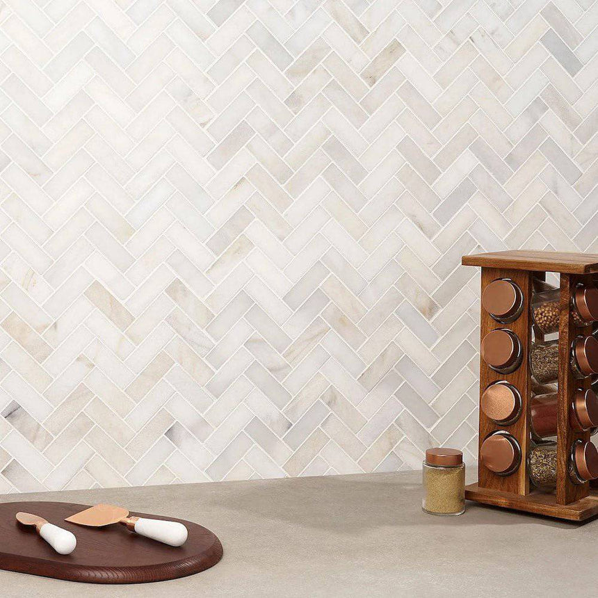 Calacatta amber honed herringbone marble mosaic tiles