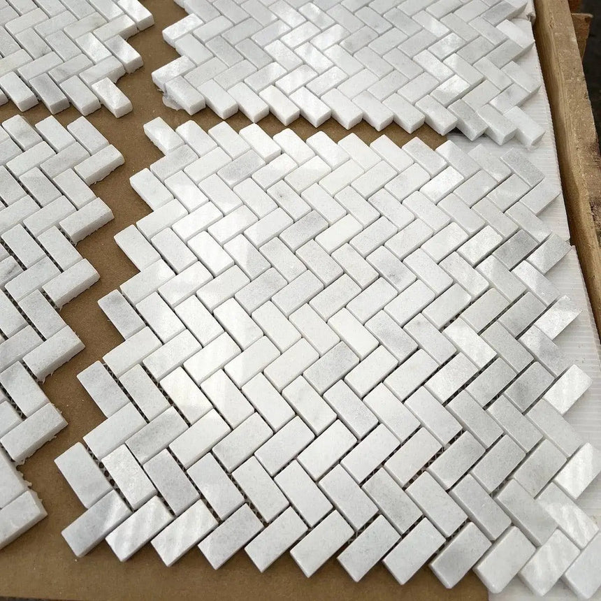 Marble Tiles - Carrara T Polished Mini Herringbone Marble Mosaic Tile - intmarble