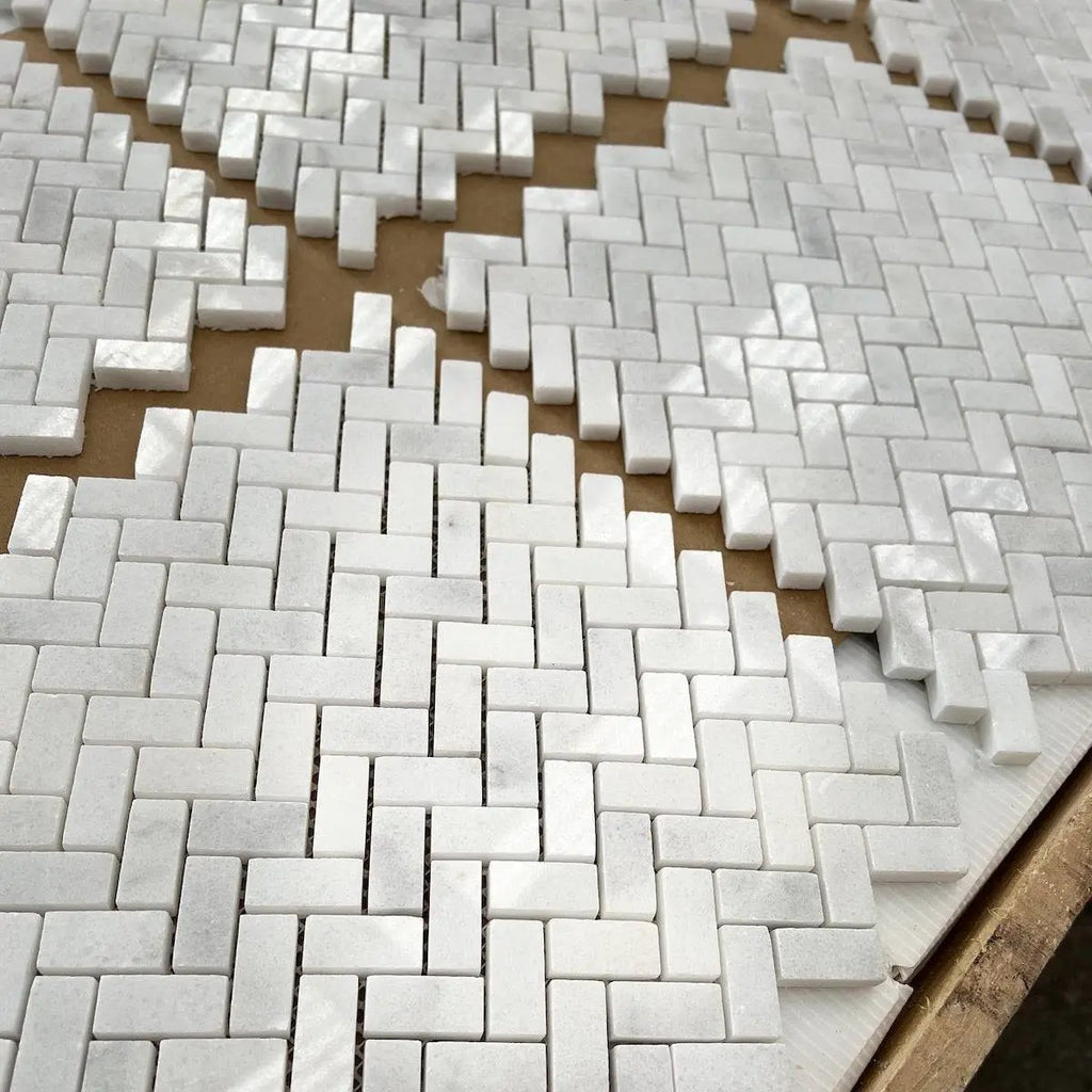 Marble Tiles - Carrara T Polished Mini Herringbone Marble Mosaic Tile - intmarble