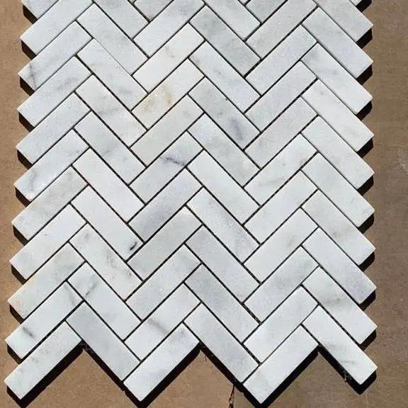 Marble Tiles - Carrara Marble Honed Herringbone Mosaic Tiles 25x75mm - intmarble