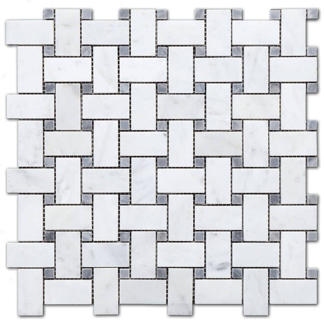 Marble Tiles - Calacatta Honed Basketweave Marble Mosaic With Bardiglio Dot - intmarble