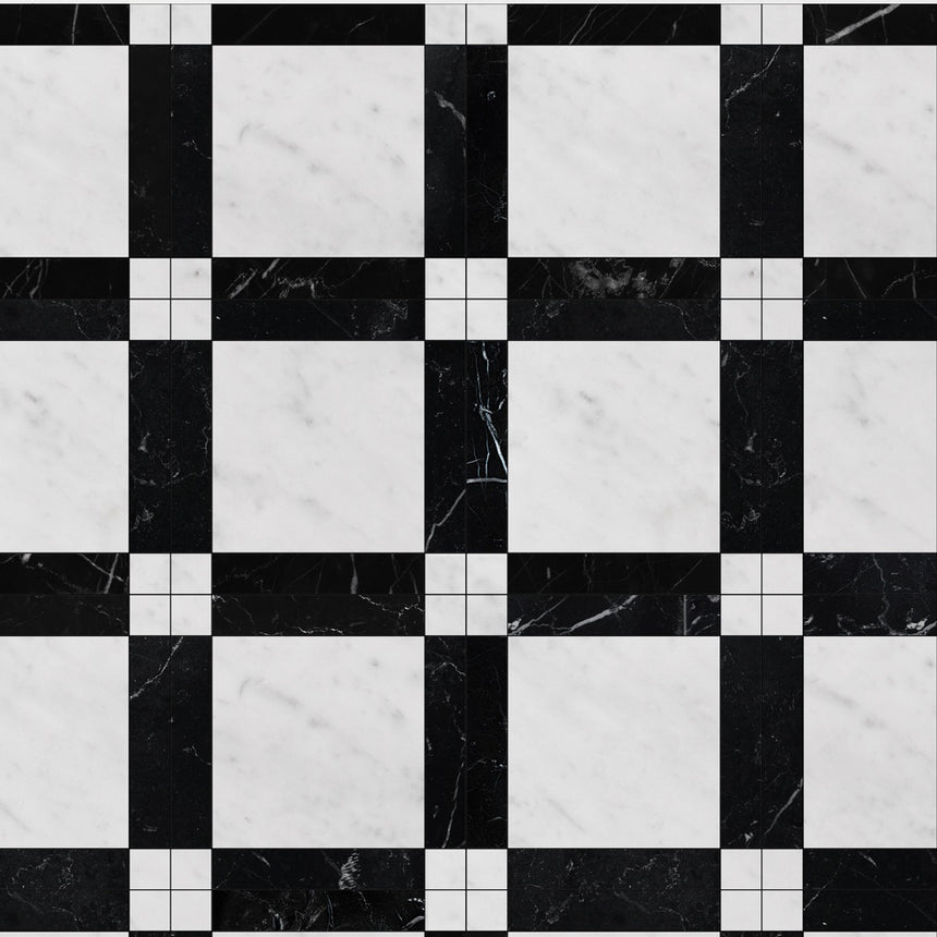 Carrara White Nero Marquina Strip Fitz Marble Tile 650x650x12mm Pattern