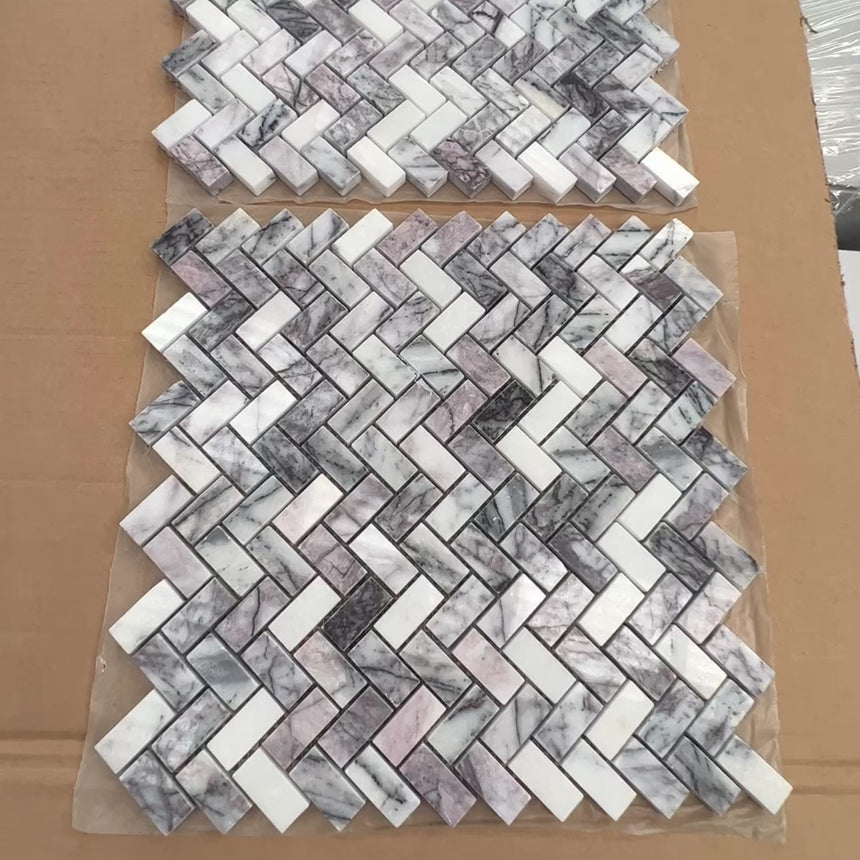 Calacatta Viola Polished Herringbone Marble Mosaic 15x30x10